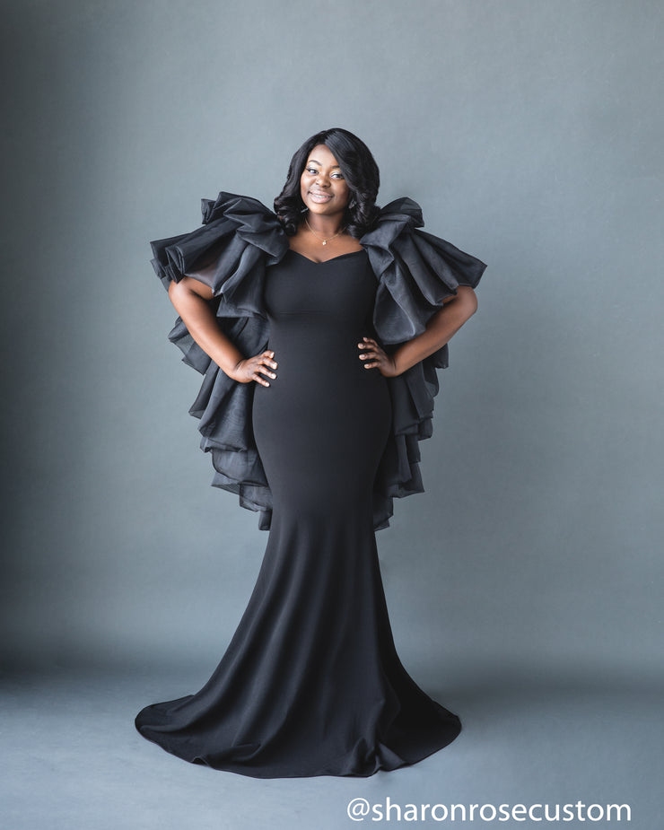 Black Engagement Dress with ruffle cape ...